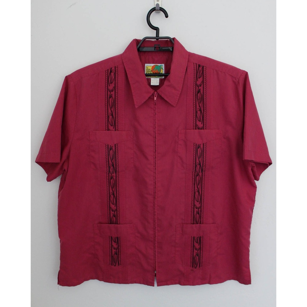 Haband Guayabera Shirt Mens XL Red Full Zip Short Sleeve Embroidered Vintage